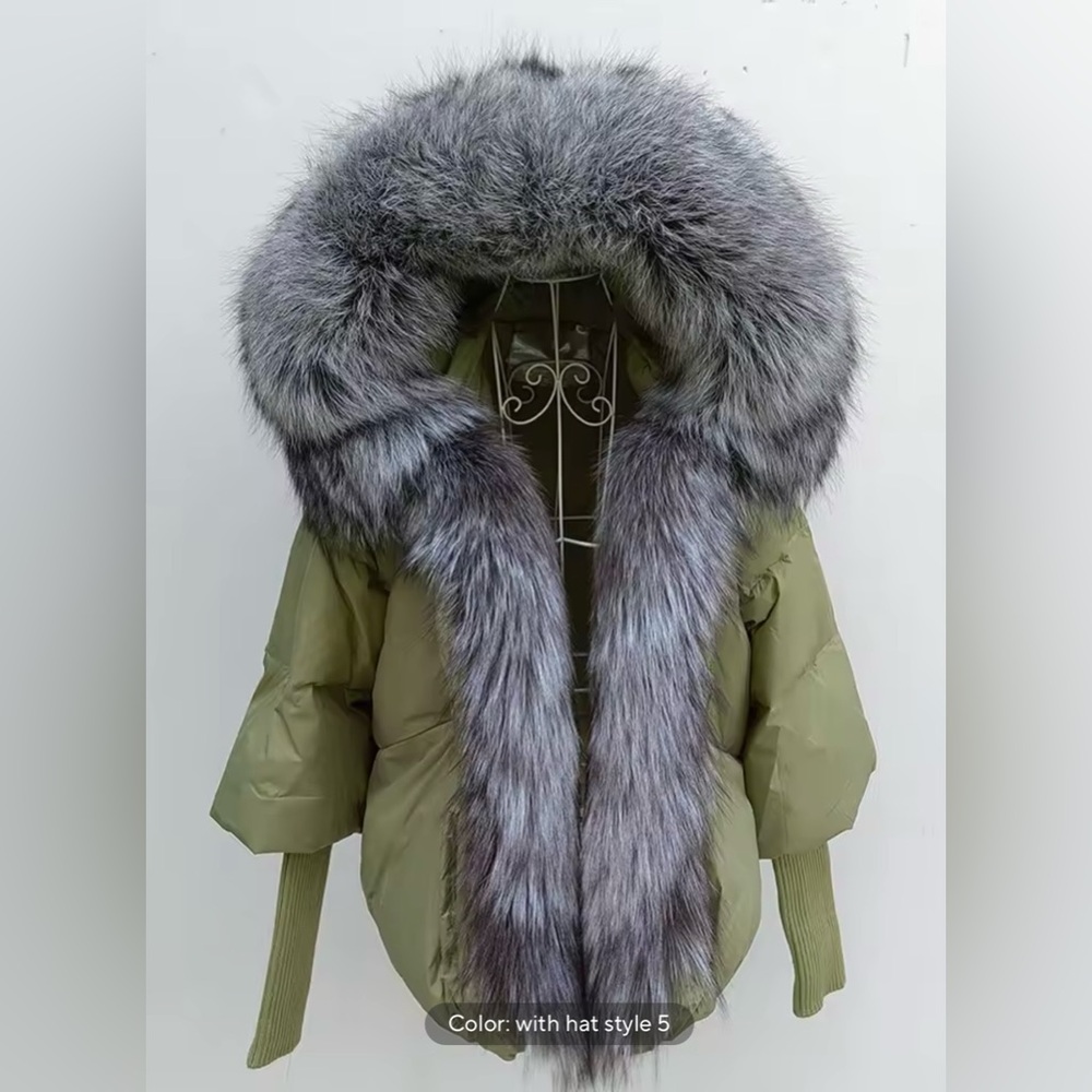 Brand New green Coat White Duck Down Jacket S-L Real Silver Fox Fur With Hood